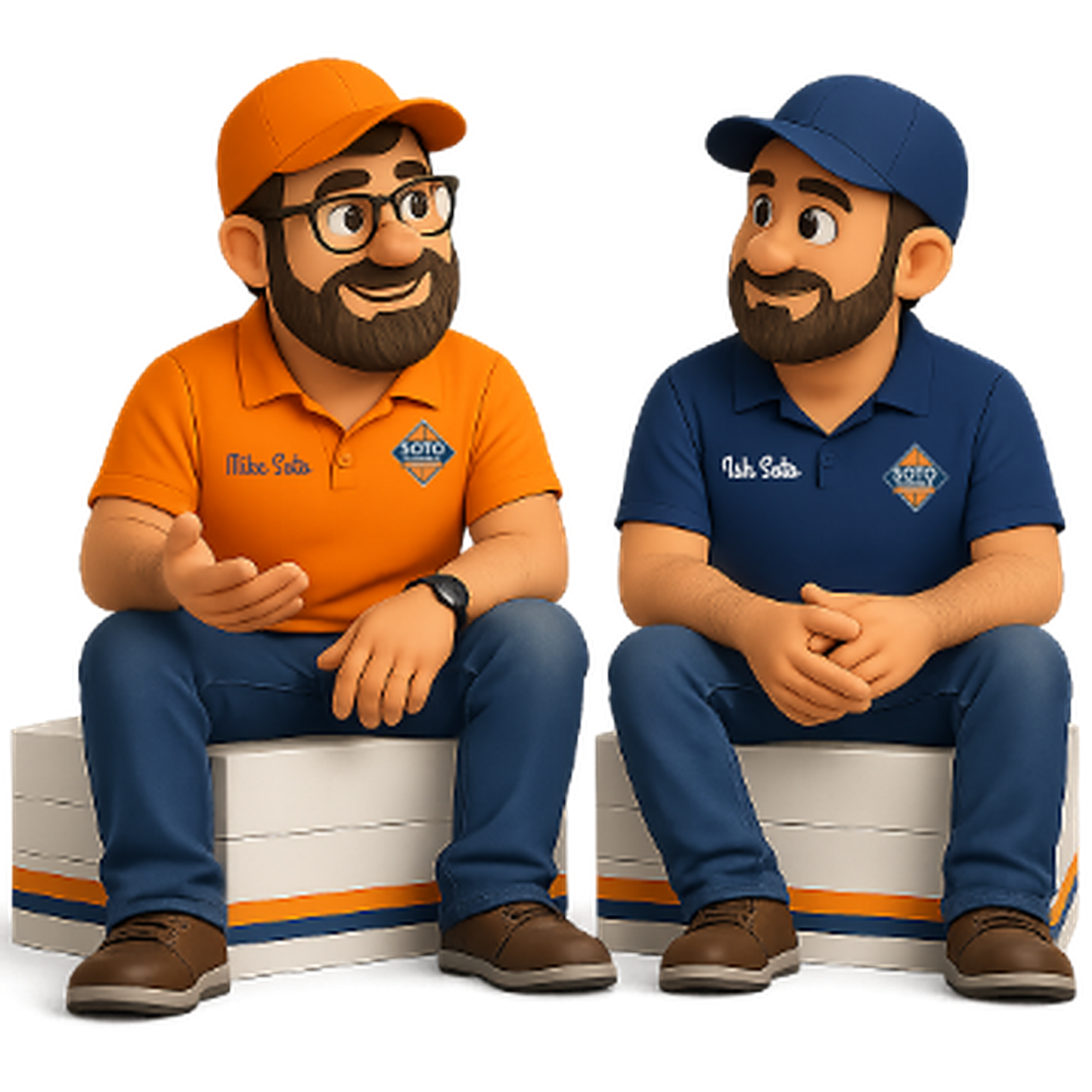 Mike and Ish Soto in Soto Flooring uniforms, sitting and chatting